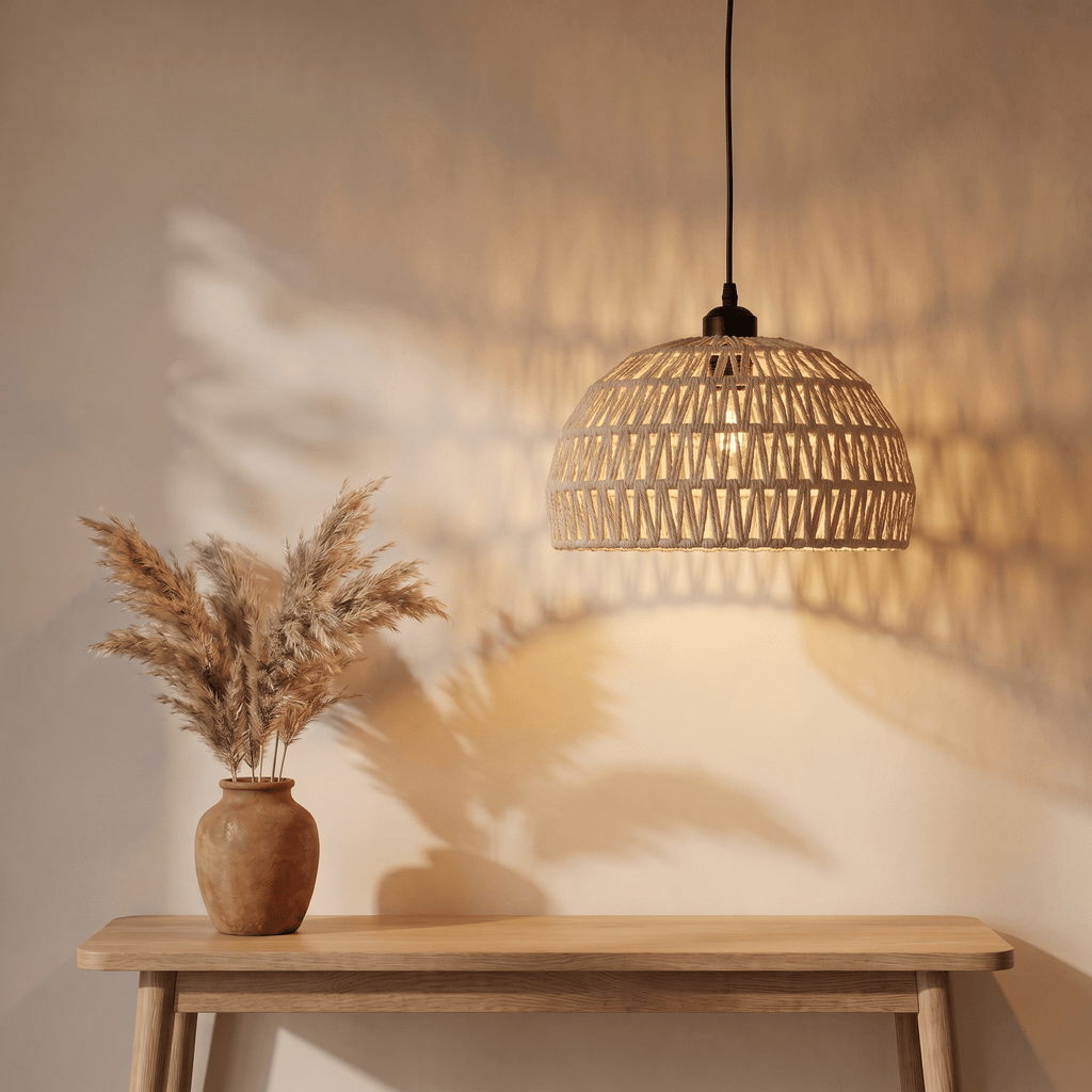 Suspension en Rotin Blanc Demi-Sphère Ajourée