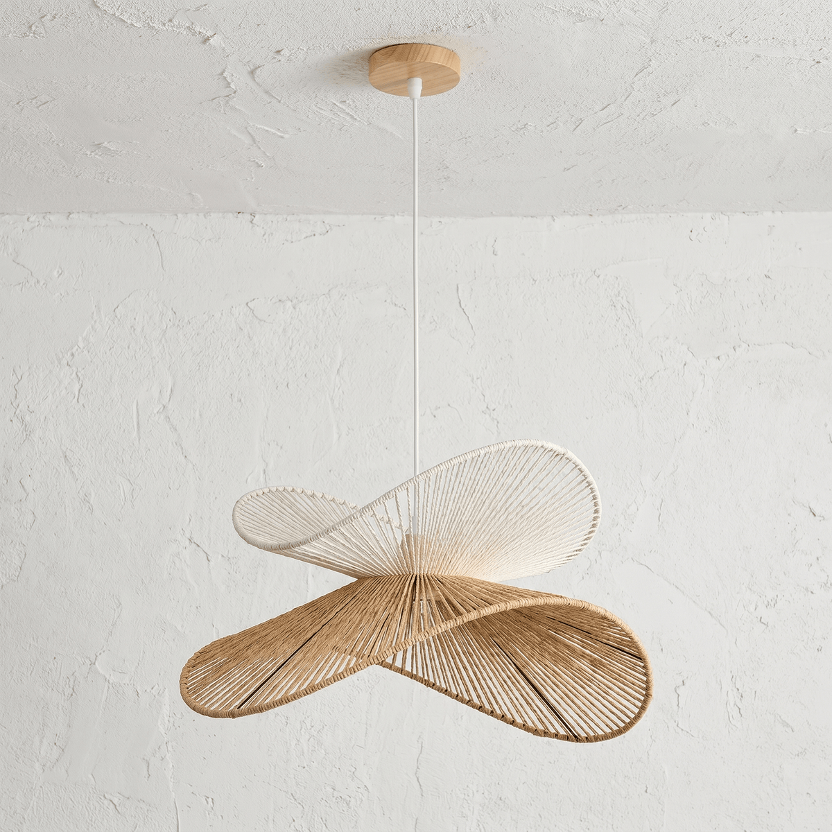 Suspension en Rotin Blanc et Beige Double Vague Sculptural