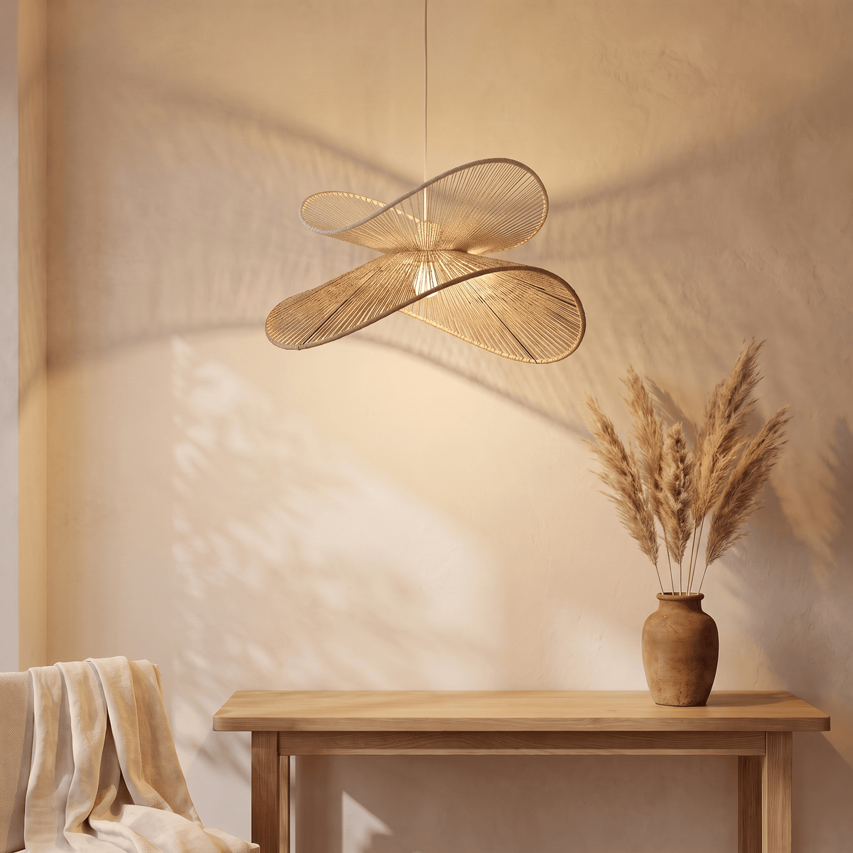 Suspension en Rotin Blanc et Beige Double Vague Sculptural