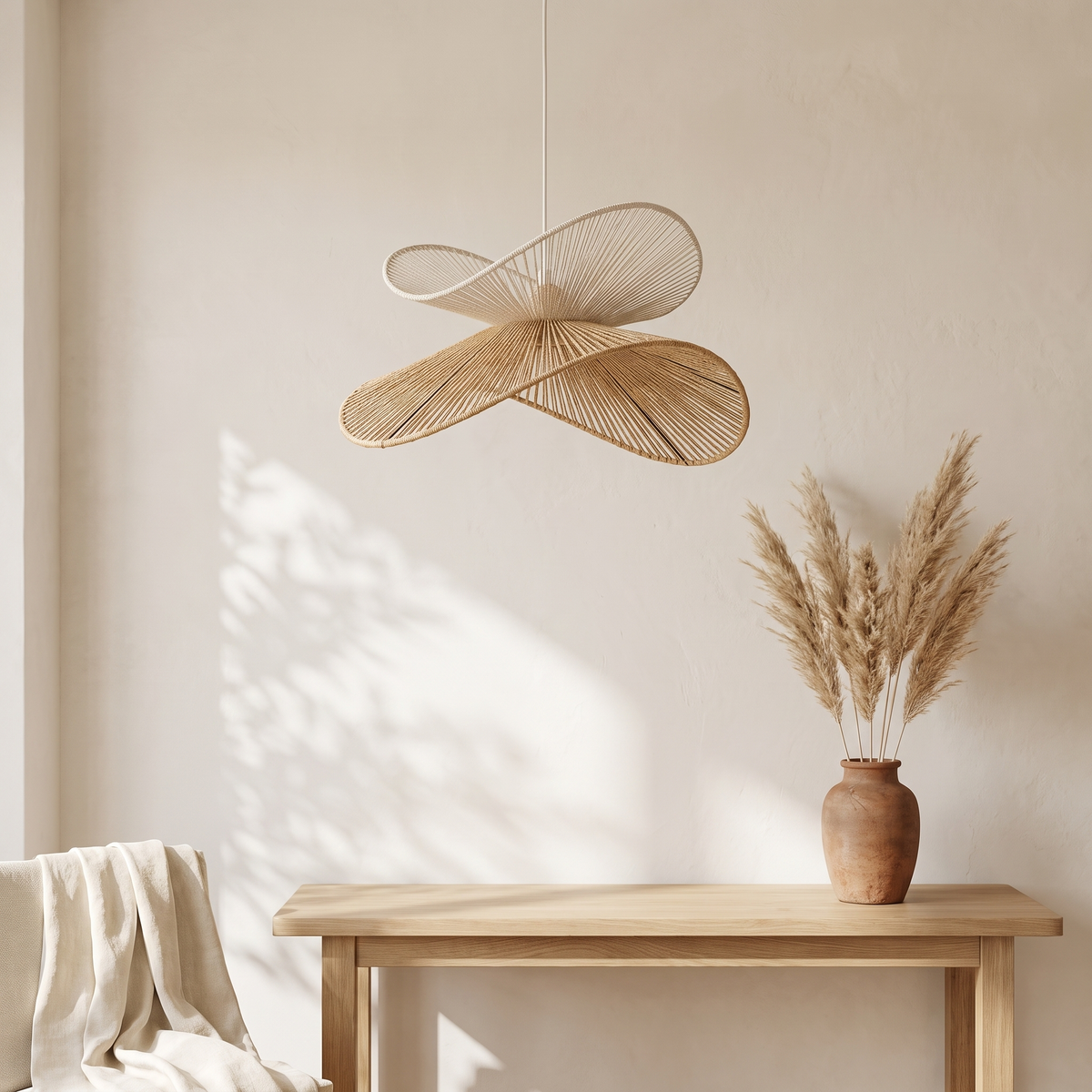 Suspension en Rotin Blanc et Beige Double Vague Sculptural