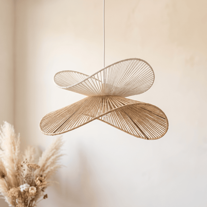 Suspension en Rotin Blanc et Beige Double Vague Sculptural