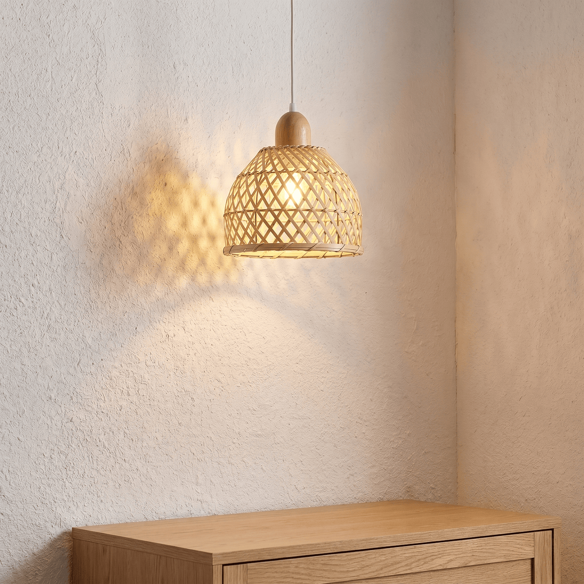 Suspension en Rotin et Bambou Cloche Base en Bois