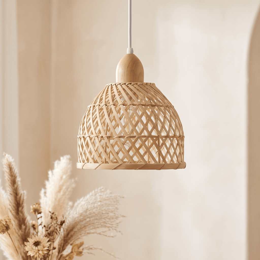 Suspension en Rotin et Bambou Cloche Base en Bois