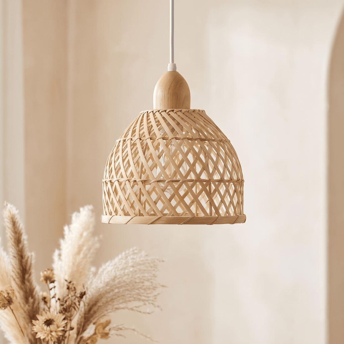 Suspension en Rotin et Bambou Cloche Base en Bois