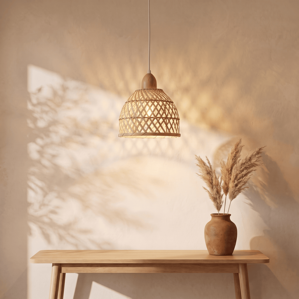 Suspension en Rotin et Bambou Cloche Base en Bois