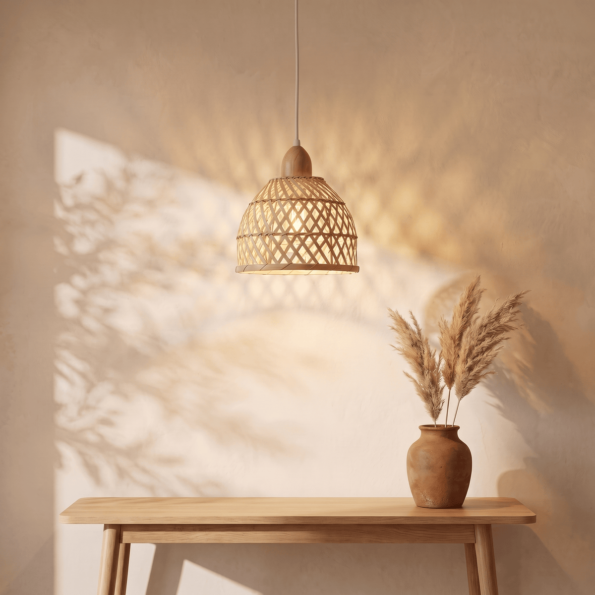 Suspension en Rotin et Bambou Cloche Base en Bois