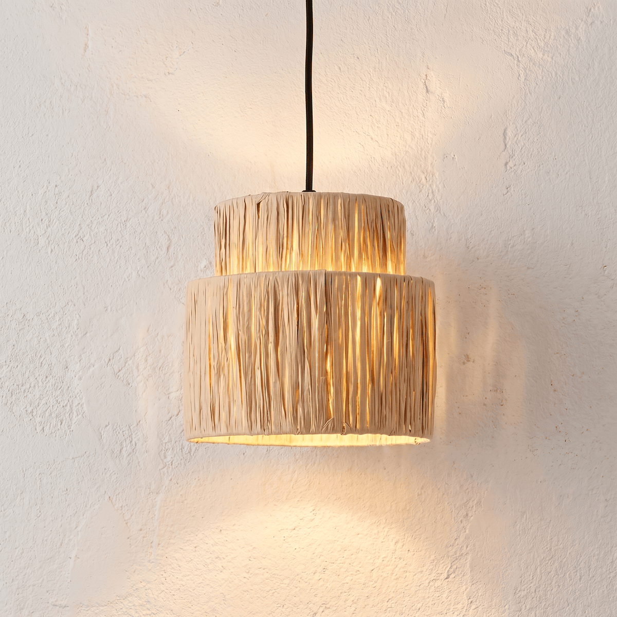 Suspension en Rotin Frangé Tambour Double Niveau