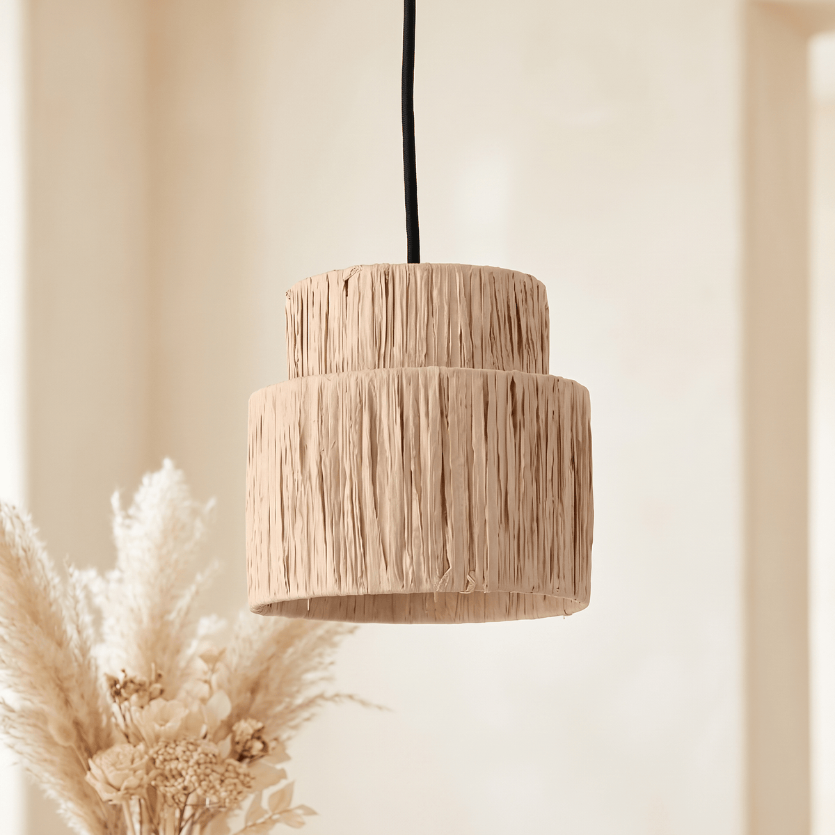Suspension en Rotin Frangé Tambour Double Niveau