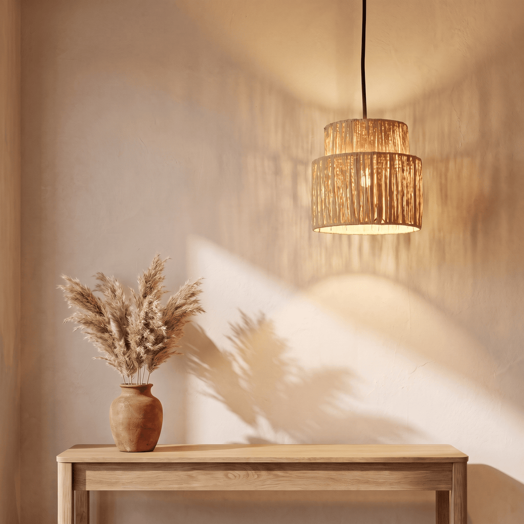Suspension en Rotin Frangé Tambour Double Niveau