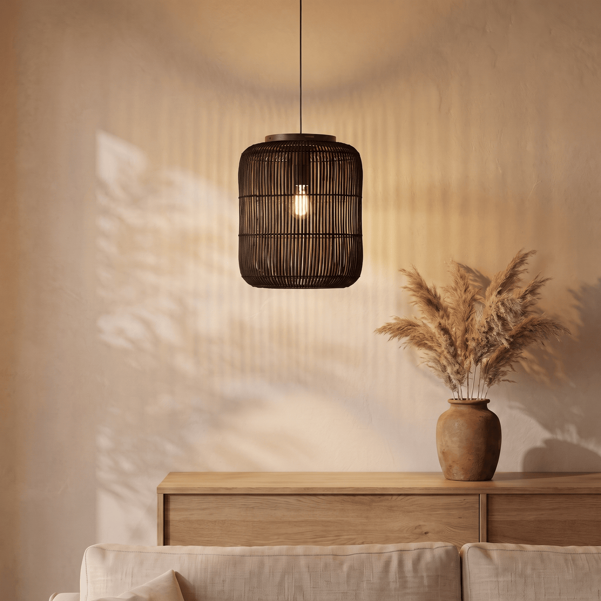 Suspension en Rotin Noir Design Japandi Cylindrique