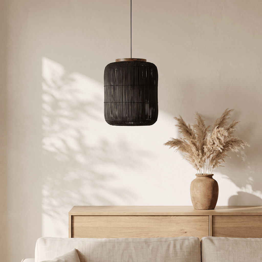 Suspension en Rotin Noir Design Japandi Cylindrique