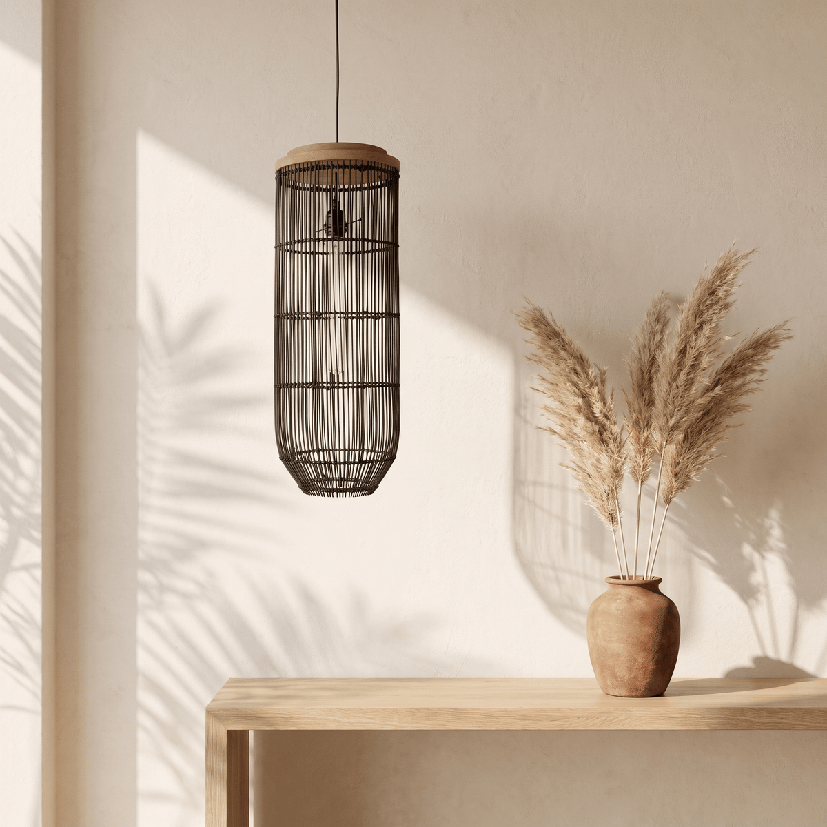 Suspension en Rotin Noir Lanterne Verticale