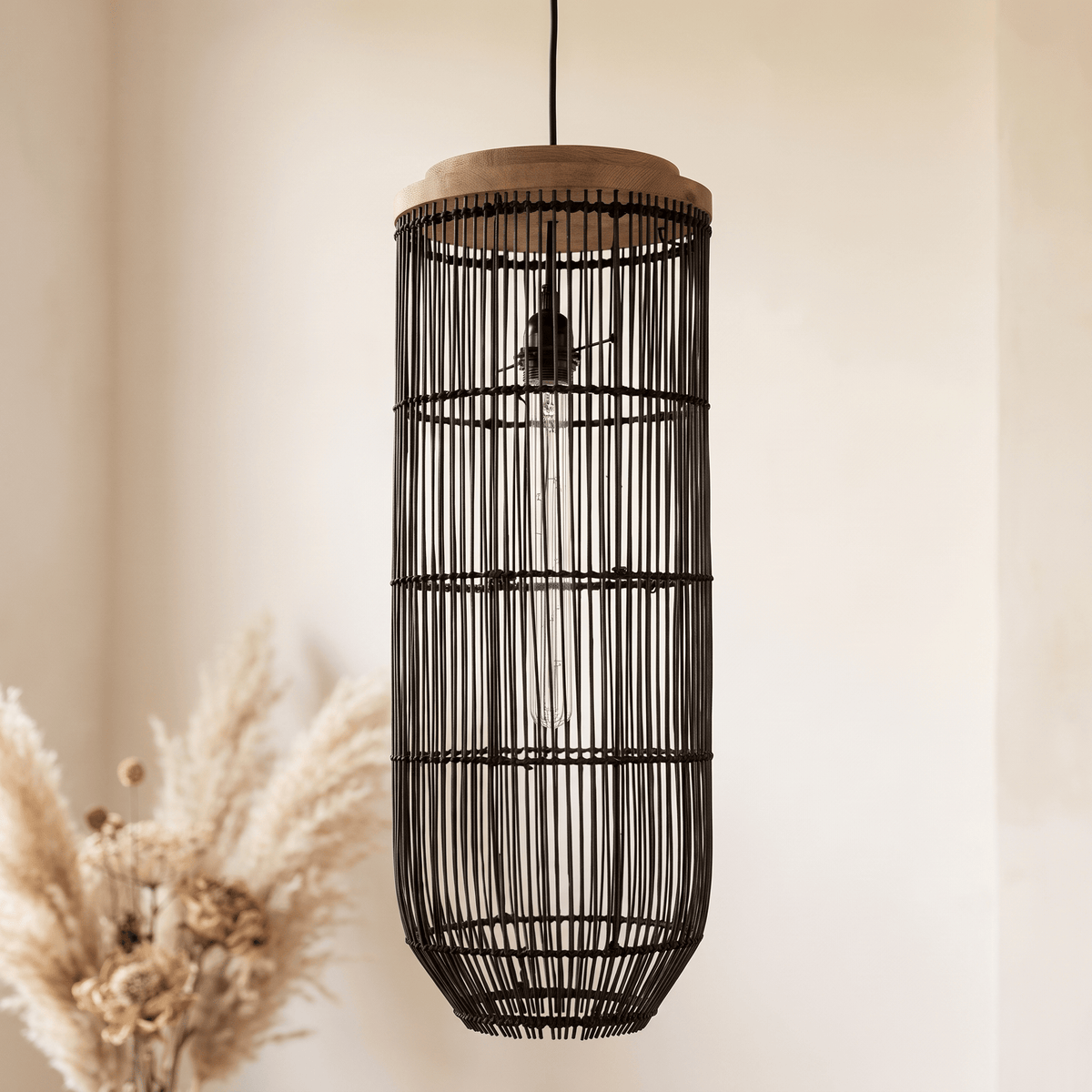 Suspension en Rotin Noir Lanterne Verticale