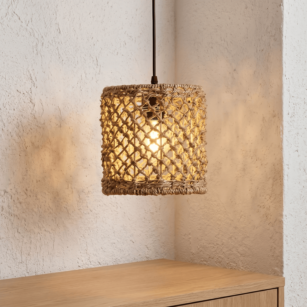 Suspension en Rotin Tambour Droit Compact