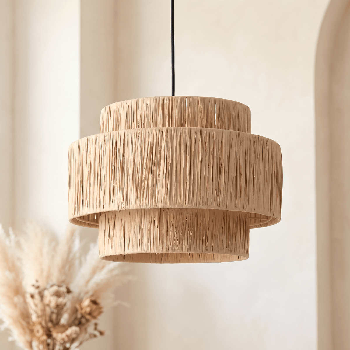 Suspension Rotin Naturel Tissé Paille à Étages