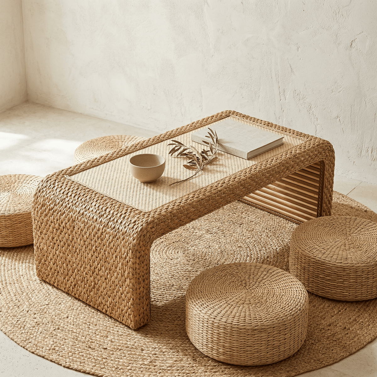 Table Basse Rotin Rectangulaire Style Japandi