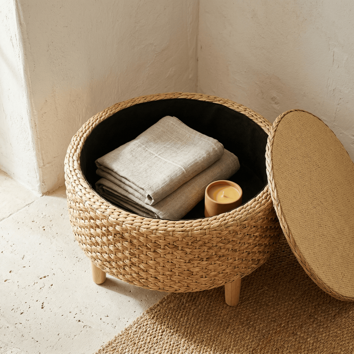 Table Basse Rotin Ronde avec Rangement Intégré