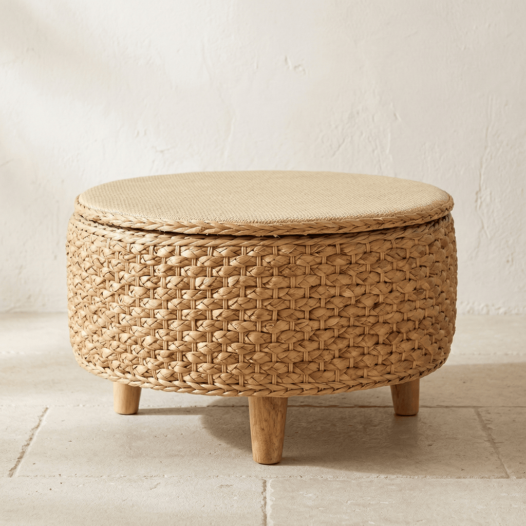Table Basse Rotin Ronde avec Rangement Intégré