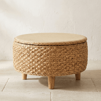 Table Basse Rotin Ronde avec Rangement Intégré