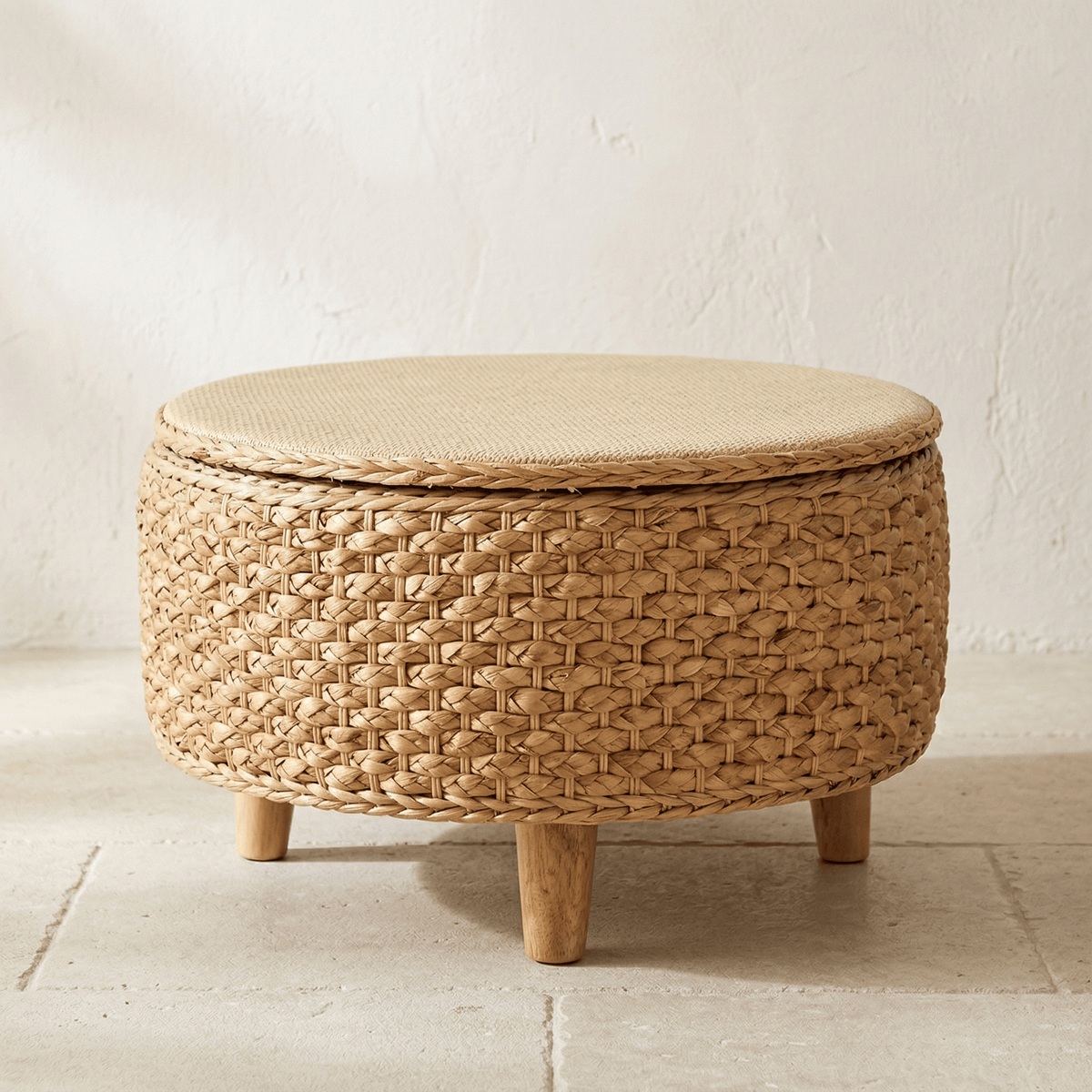 Table Basse Rotin Ronde avec Rangement Intégré