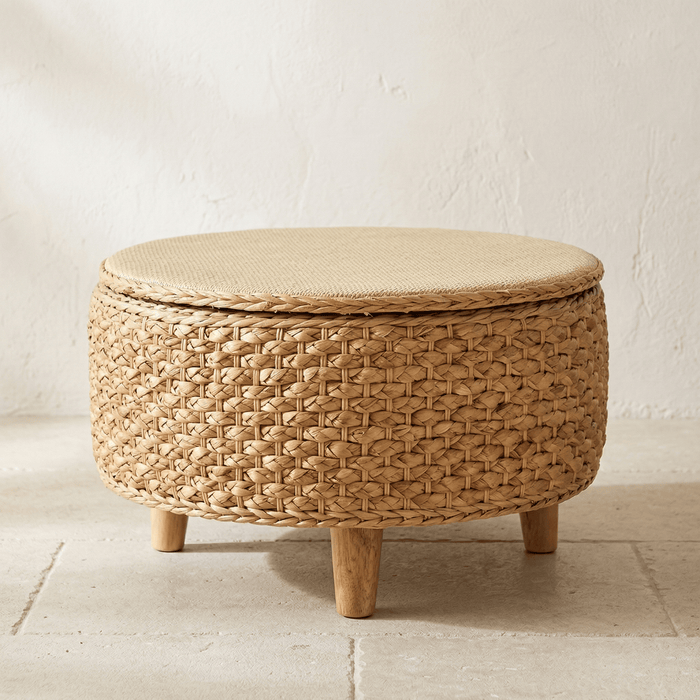 Table Basse Rotin Ronde avec Rangement Intégré