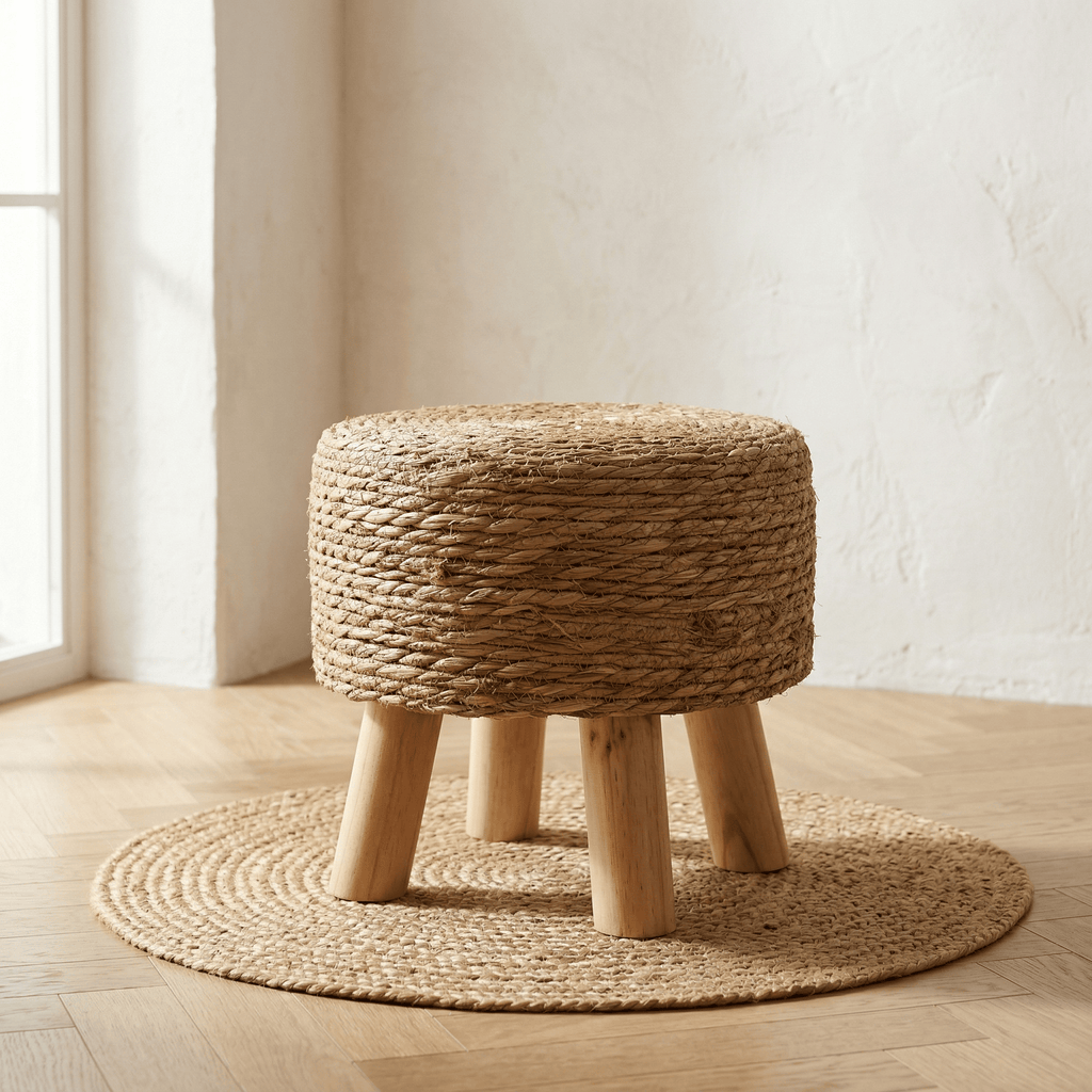 Tabouret Rond en Rotin Trépied