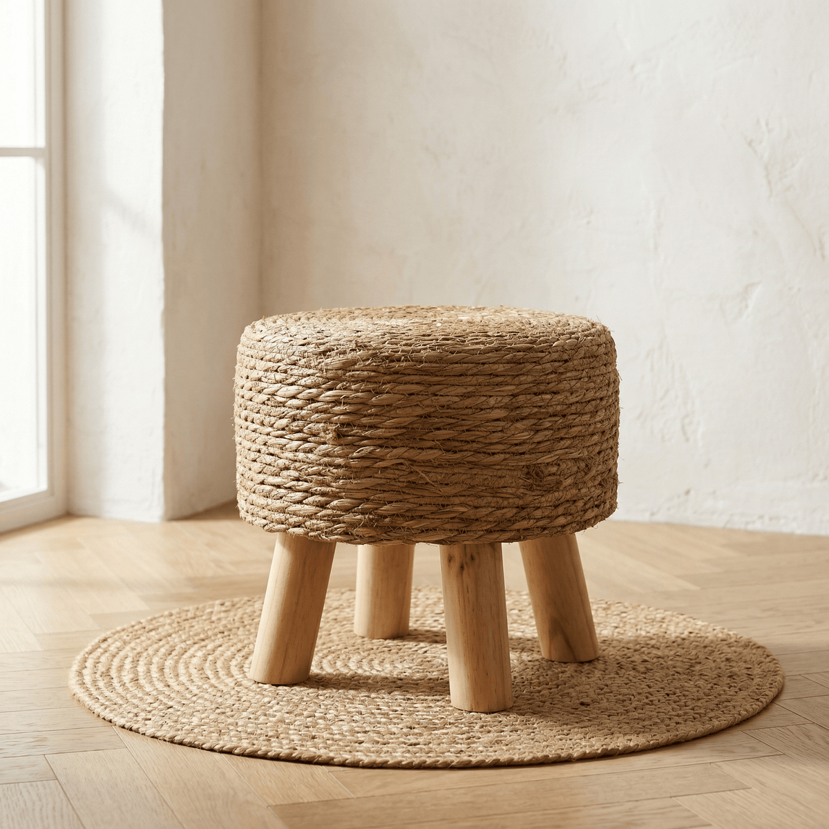 Tabouret Rond en Rotin Trépied